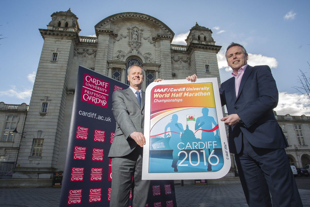 24.03.15 - Picture shows Cardiff University's Colin Riordan and Run4Wales Matt Coleman at the University after they have announced their sponsorship of the Half Marathon Championships.