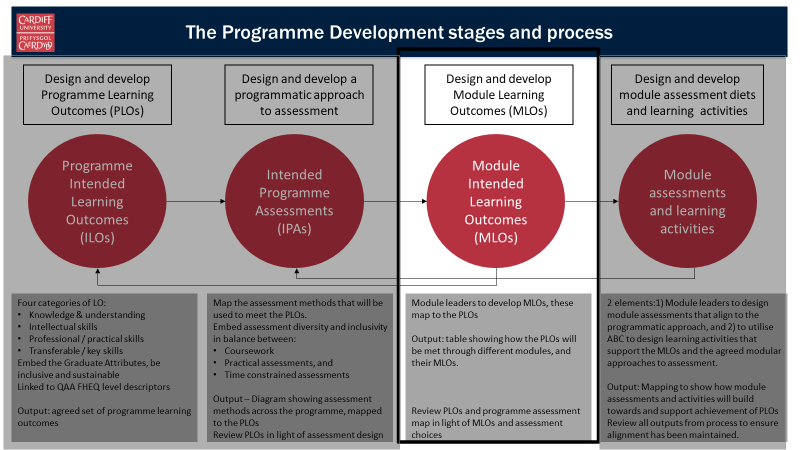 The Process Diagram for Program Development stages and processes. The first is programme learning outcomes. Following on from here is Programme Assessments. The highlighted section is Module Learning Outcomes. Finally, there is Module Assessments and Learning Activities.