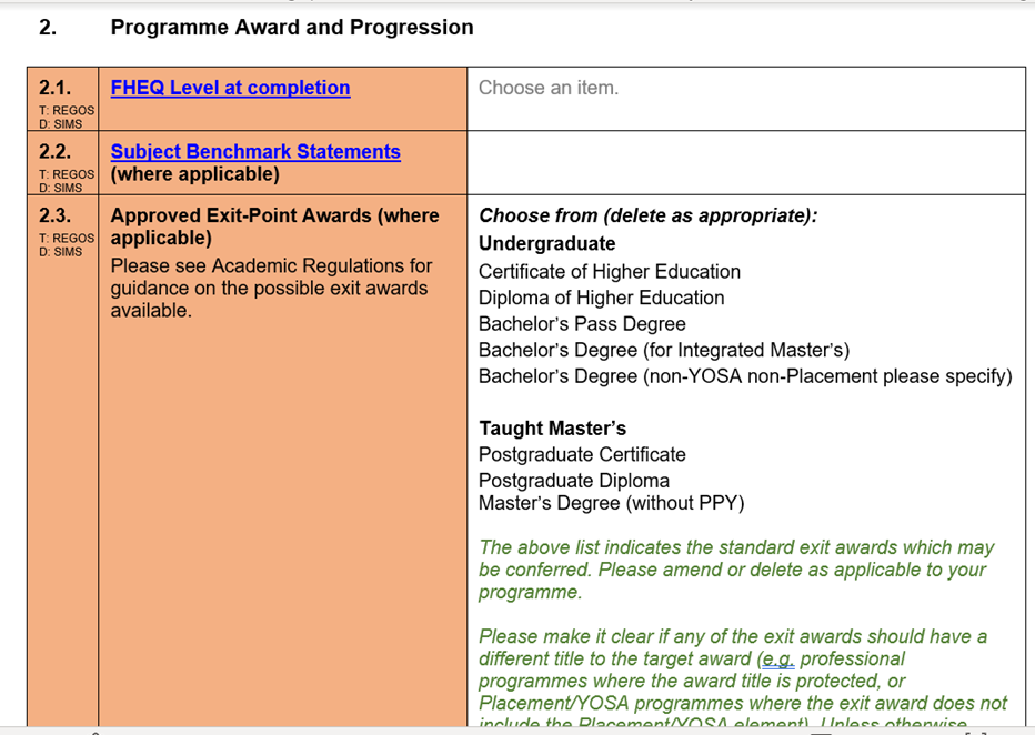 A screenshot of the PIT, showing that you put levels informed by external standards into section 2 of the PIT document.