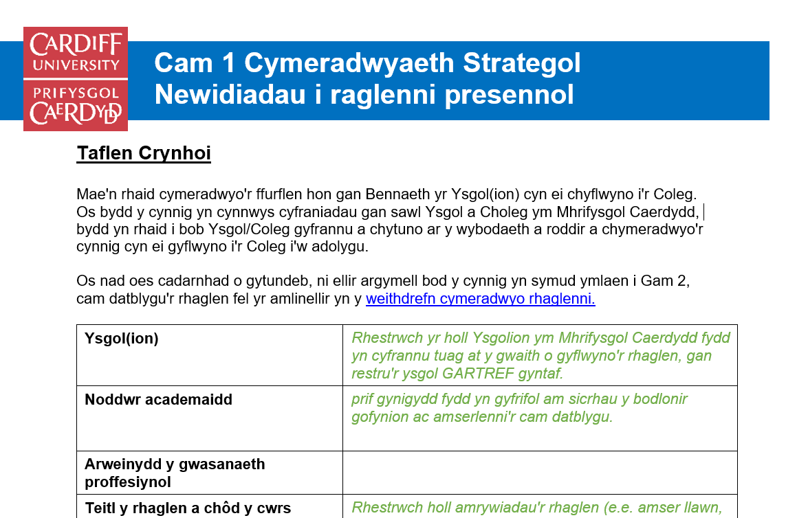 Darlun o ddogfennaeth Gwella Strategol Cam 1.