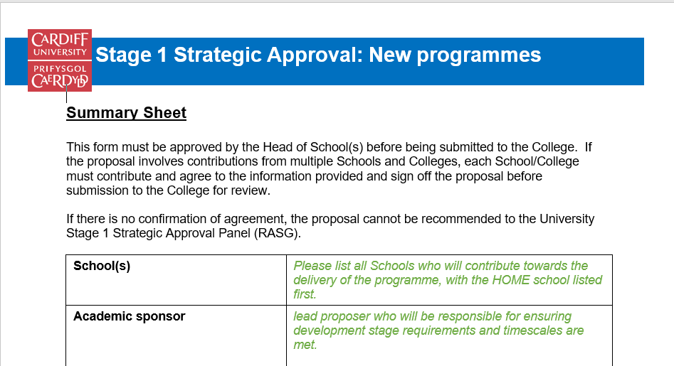 Summary sheet of stage 1 Strategic Approval: New programmes