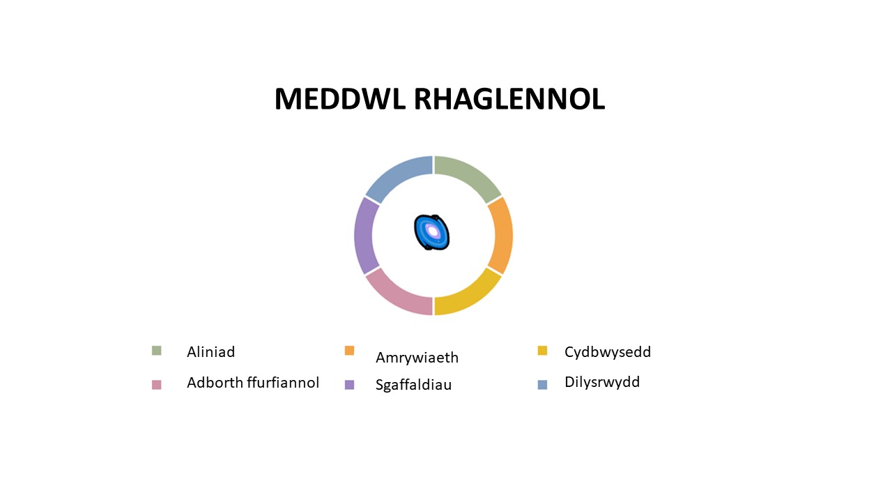 Mae Meddwl yn Rhaglennol yn cael ei gynrychioli gan siart cylch haniaethol mewn lliwiau pastel. Cynrychiolir cynhwysiant yng nghanol y siart cylch gwag gan ei symbol yn y pecyn cymorth: sef emoji o alaeth. Mae aliniad, amrywiaeth, cydbwysedd, adborth ffurfiannol, sgaffaldio a dilysrwydd yn cael eu cynrychioli bob un, yn rhannau cyfartal o’r gwaith o feddwl yn rhaglennol.