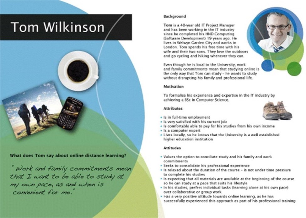 An illustrative persona with an image of Tom, a fictional student, alongside his own words, background, motivation, attributes and attitudes.