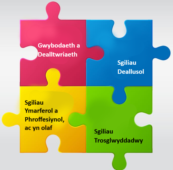 • Gwybodaeth a Dealltwriaeth • Sgiliau deallusol • Sgiliau Ymarferol a Phroffesiynol, ac yn olaf, • Sgiliau Trosglwyddadwy.