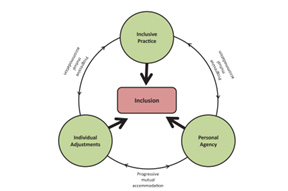 Diagram linking inclusive practices, individual adjustments and personal agency in a circle, 'progressive mutual accommodations' in between.