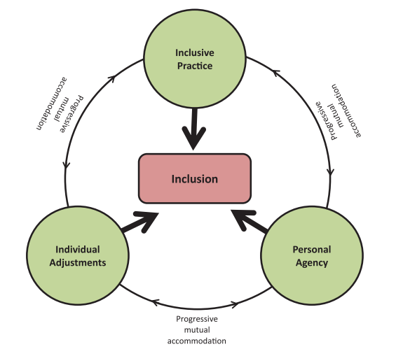 Diagram linking inclusive practices, individual adjustments and personal agency in a circle, 'progressive mutual accommodations' in between.