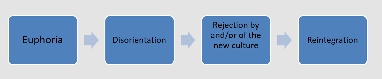 4 blue rectangles flow map. 1. Euphoria. 2. Disorientation 3. Rejection by and/or of the new culture. 4. Reintegration.