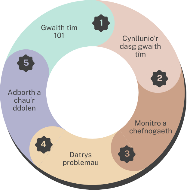 A process wheel showing the 5 key areas of devleoping teamwork assessments covered in this page. 