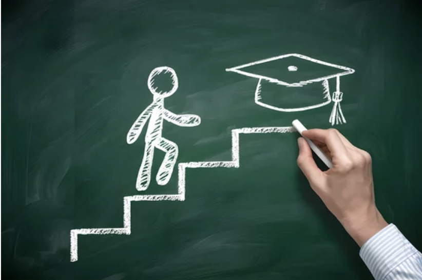 Chalk drawing of a student climing steps towards graduation