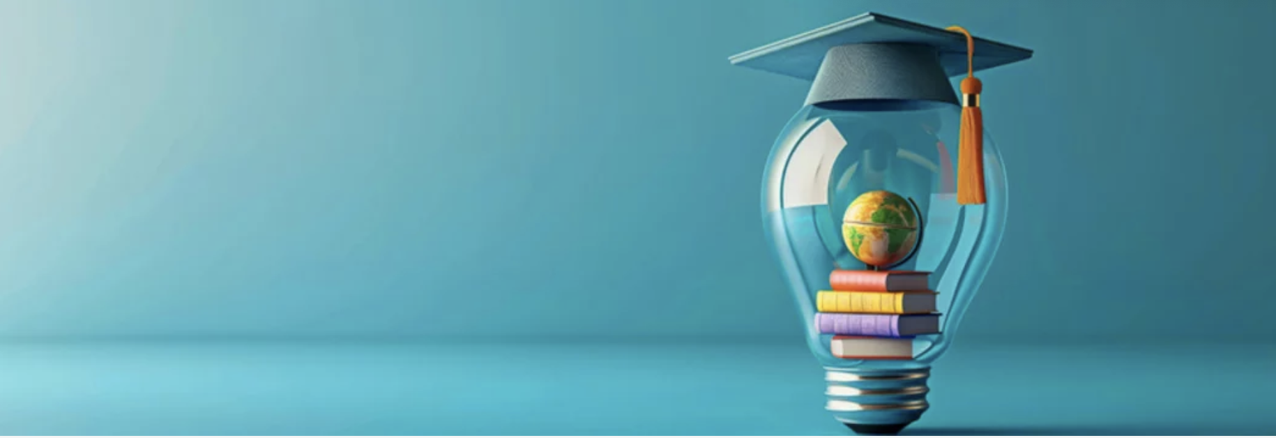 image of a lightbulb with a graduation cap on top and books inside it