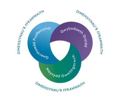 Diagram addurniadol yn nodi dimensiynau cydblethedig y PSF 2023: Gwerthoedd Proffesiynol mewn glas, Gwybodaeth Graidd mewn porffor, a Meysydd Gweithgaredd mewn gwyrdd.