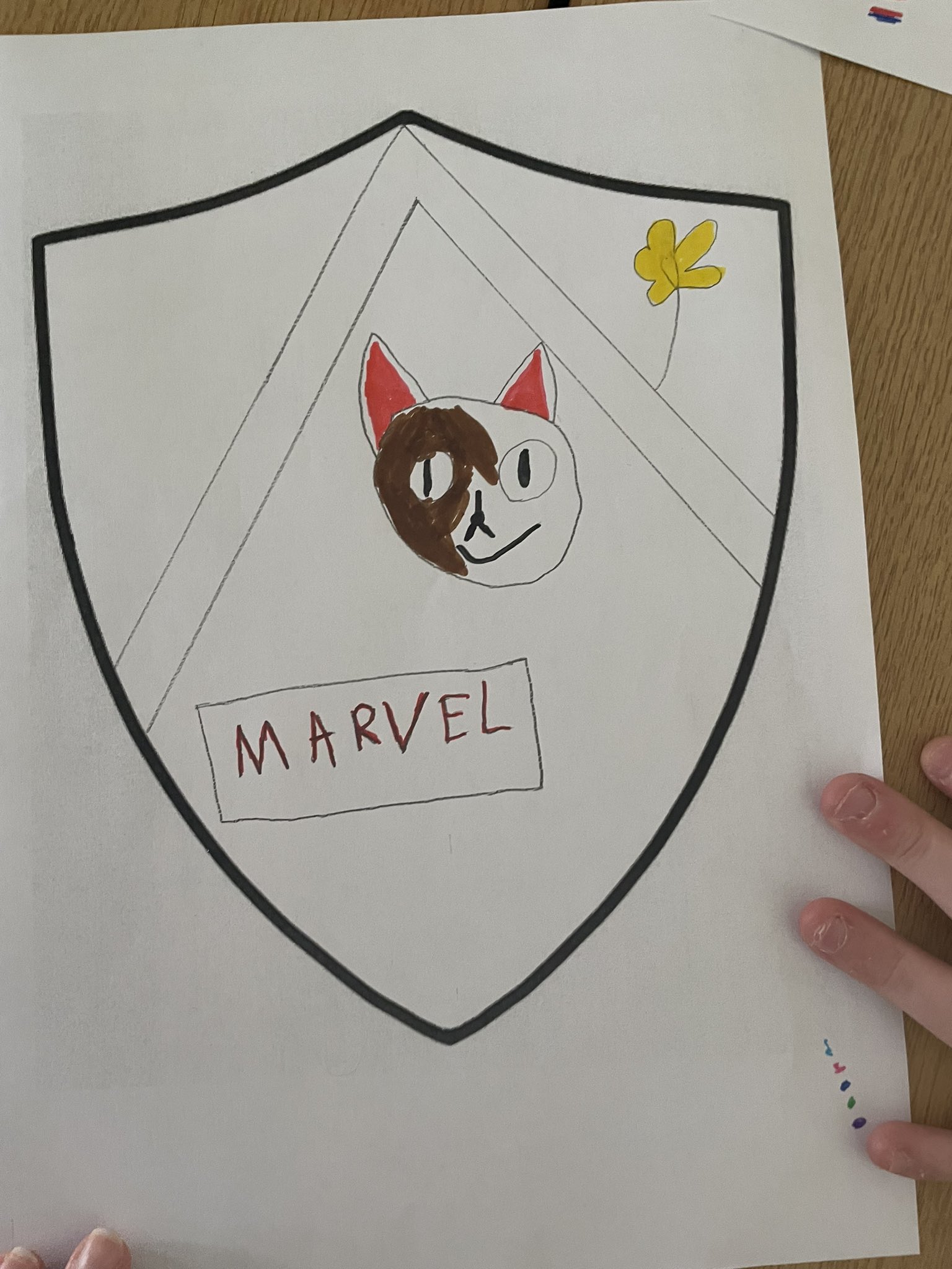 A shield with a chevron, a drawing of a cats head and 'Marvel' written below