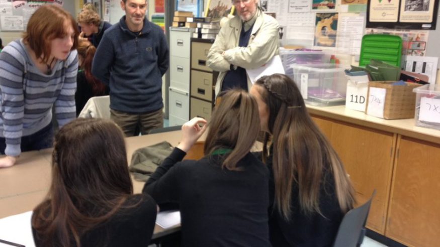 Clara, Steve and Paul chat to Mountain Ash pupils
